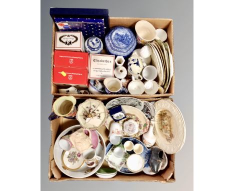 Two boxes of ceramics including Maling storm pattern jug, blue and white caddy etc.