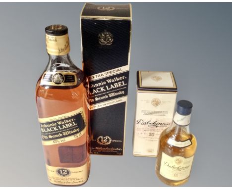 A bottle of Johnny Walker Black Label old scotch whisky 75cl, boxed, together with a bottle of Dalwhinnie single highland mal