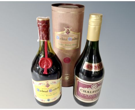 Two bottles of alcohol including Cardinal Mendoza Spanish brandy and Napoleon brandy.