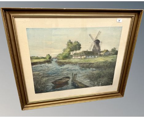 Continental school : farmstead by a river, hand coloured etching, 65 cm x 49 cm, indistinctly signed 