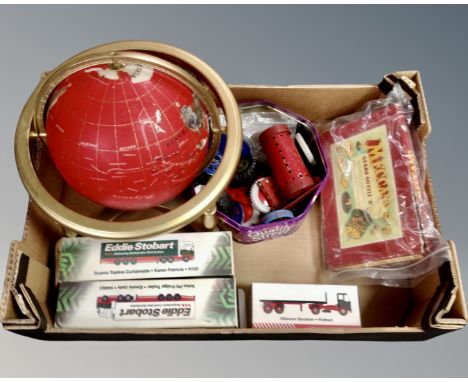 A brass table desk globe together with vintage Meccano, Eddie Stobart vehicles 