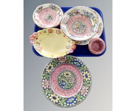 A tray of Maling pottery including two plaques, a pair of sideboard plates, a yellow floral dish etc.