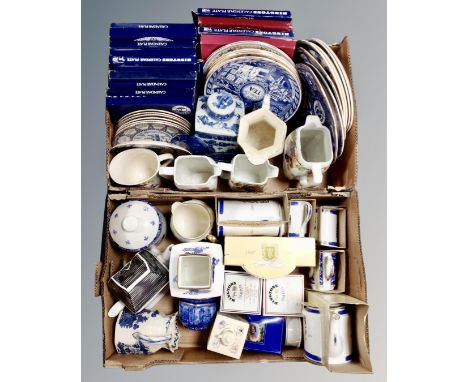 Two boxes of Ringtons china, blue and white plates, commemorative cups, teapots etc.