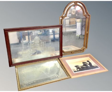 A decorative gilt framed mirror together with a further contemporary mirror, continental print and a gilt-framed mirror 
