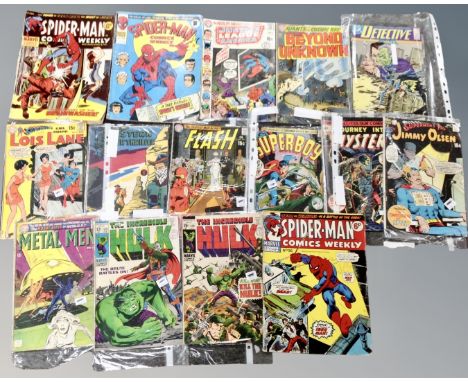 A collection of vintage comics including Marvel and DC issues including The Flash, The Incredible Hulk #112, Metal Men, Spide