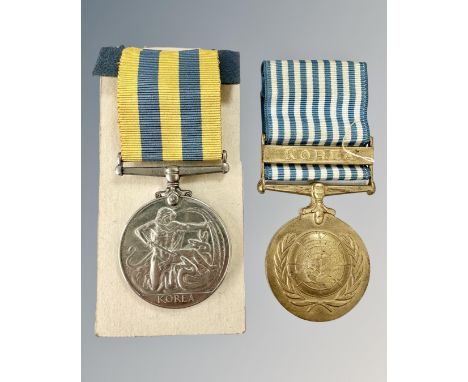 A pair of Korea medals British and United Nations named to T/19047482 DVR. R Levett RASC, together with dog tags and a Royal 