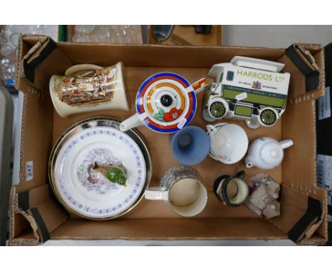 A mixed collection of ceramics to include Saddlers advertising novelty teapot, small Jemima Puddleduck teapot, Wedgwood jaspe