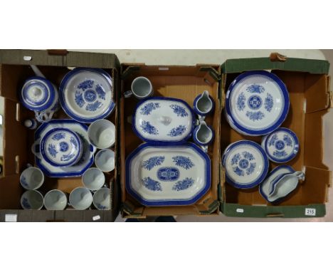 A large collection of Spode, Fitzhuge Blue dinnerware to include dinner plates, side plates, tureens, tea pot, (3 Trays)