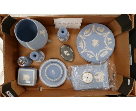 A good collection of Wedgwood jasperware items to include limited edition Danbury Mint, the Queen Mother Clock, vases, pin tr