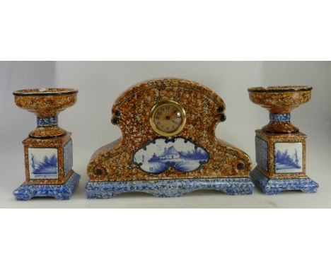 French Art Nouveau clock garniture with blue and white decorated panels, 26cm
