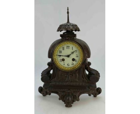 19th Century ornate cast iron mantle clock, height 39cm