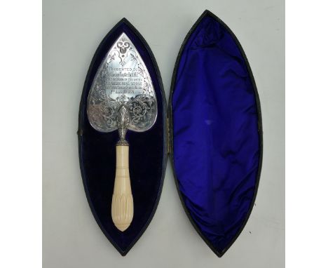 19th Century silver plated presentation trowel given to Sir CF Bart MP 1879.  Ivory carved handle in original case.