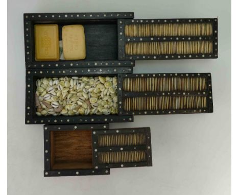 19th century Ebonised Wood and Porcupine Quill Boxes with sliding covers, largest containing a collection of shells, largest 