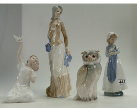 A mixed collection of Nao style continental figures to include comical owl, Nadal figure of girl with dog, girl with puppy an