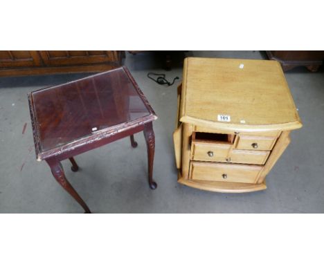 Modern light oak veneer utilitarian side cabinet on casters and carved mahogany glass top occasional table (2)   