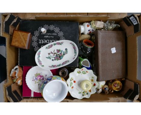 A mixed collection of items to include cased cutlery set, wooden trinket boxes, continental china items, Webb & Corbet crysta