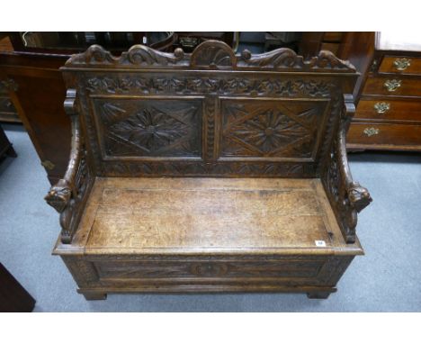 20th Century carved oak monks bench