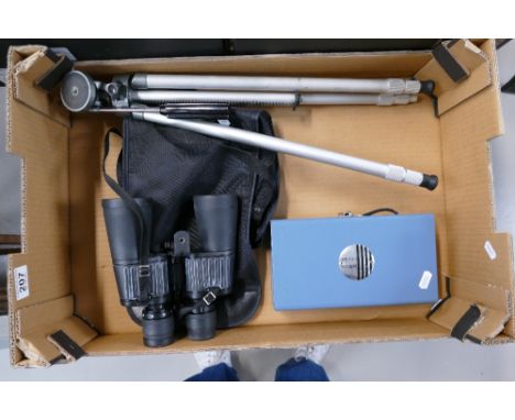 A mixed collection of items to include cased Burgess engraving tool, Sunagor binoculars and Top Man E-3 tripod. 