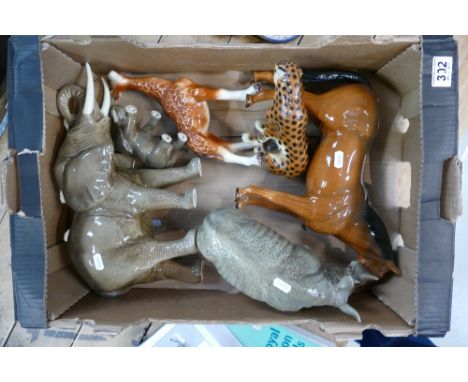 A good collection of Saddlers and Sylvac large animals including rhinoceros, elephant, giraffes and large chestnut hunting ho