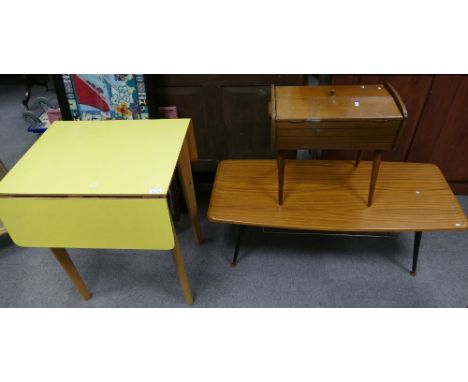 A collection of retro mid-century furniture to include pine yellow topped drop leaf table, coffee table and a small light oak