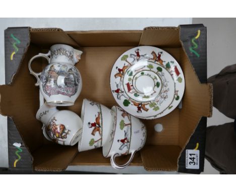 Coalport oversized coffee cups and saucers in the Hunting scene design together with Coalport Punch publications themed water