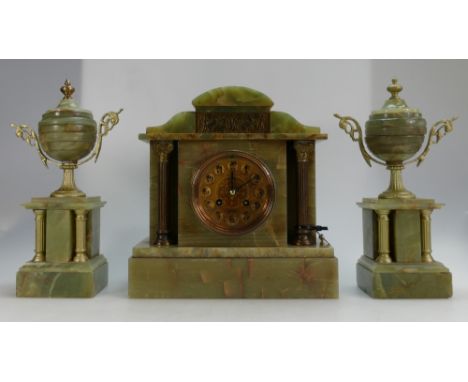 Green marble/onyx 3 piece clock set circa 1880 with striking French movement (minor chips to case)