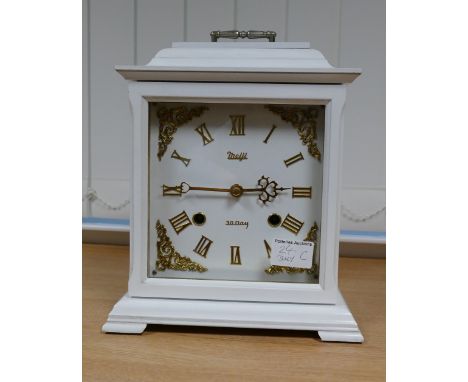 MEIJI mantle clock with thirty day movement painted with brass roman numerals, with key