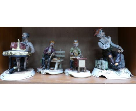A collection of Capodimonte style figurines to include a tramp sitting by milestone and another on a bench, a piano player an