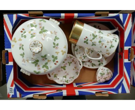A mixed collection of Wedgwood Wild Strawberry items to include large tureen (hairline to lid), kettle, trinket box, etc.