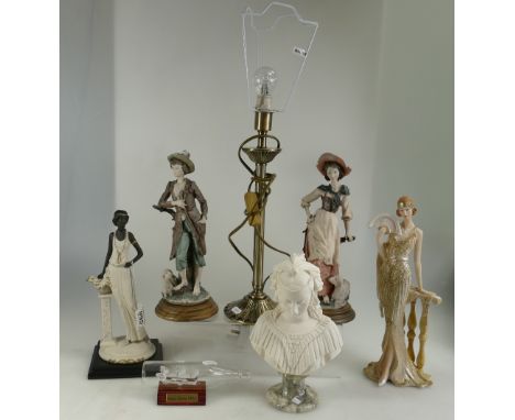 A collection of pottery items to include Italian resin lady figures,resin bust on marble plinth, brass lamp and ship in bottl