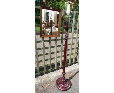 Oak framed mirror and reproduction mahogany standard lamp (2)