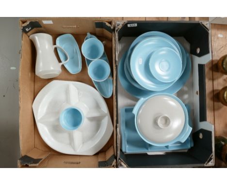A collection of Poole Pottery stylised dinnerware, including serving platters, tureens, plates, side plates, etc. (2 Trays)