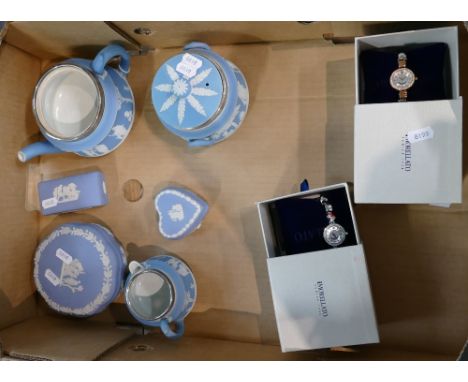 A collection of Wedgwood jasperware items to include trinket boxes, sugar bowl together with two Morellato ladies boxed watch