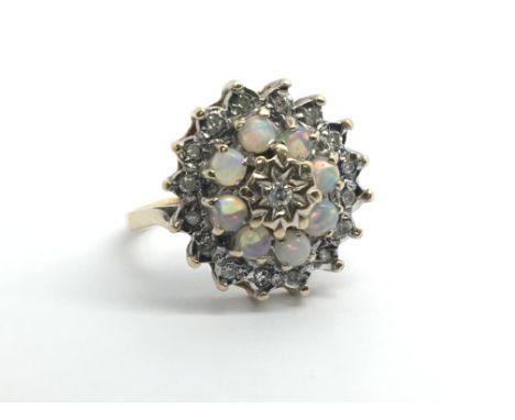 A 9ct yellow gold cluster ring set with diamonds and opals, weight approx 4g, ring size approx O