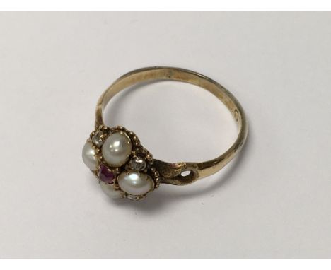 An 18ct ruby, seed pearl and rose cut diamond ring, 2.1g, N.