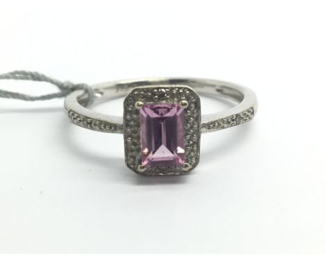 A 9ct white gold ring set with pink sapphire and small diamonds, approx 2g, ring size approx O