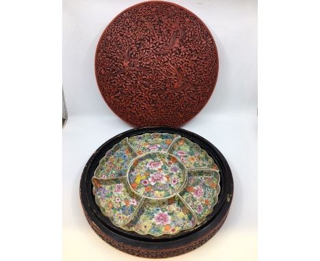 Chinese cinnabar lidded box housing original "mile fleur" Hors D'Oeuvres porcelain set   Further images added