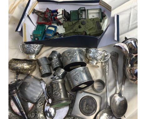 A misc collection to include silver plated items, metalware , Toys and others 