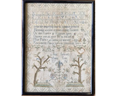 A George III needlework verse sampler worked by Jane Symonds, 1776, 30.5cm x 23cm, framed and under glass.   Condition note: 