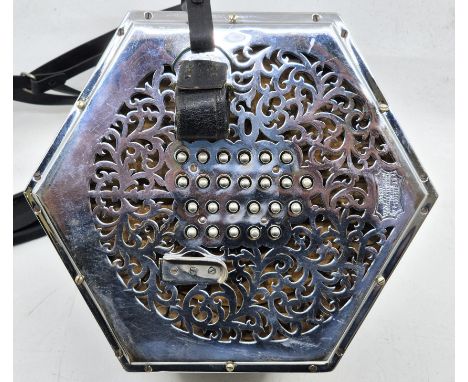 A Wheatstone &amp; Co (London) concertina,&nbsp;forty-eight button, numbered 27691, six leather bellows, 18.7cm across the fl