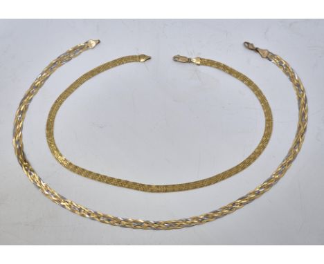 A tri-colour 9ct. gold necklace, formed of three braided herringbone link chains, length 45cm, together with a 9ct. gold fanc