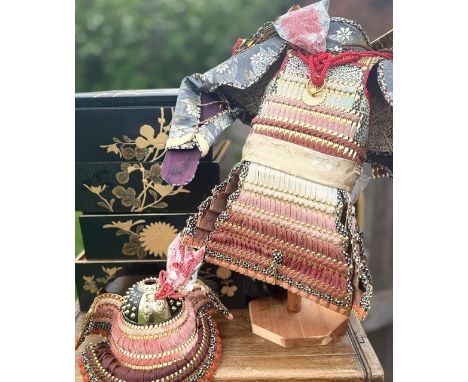 A 20th cent Japanese lacquer stacking box , miniature Samurai armour and Japanese hanging scrolls&nbsp;