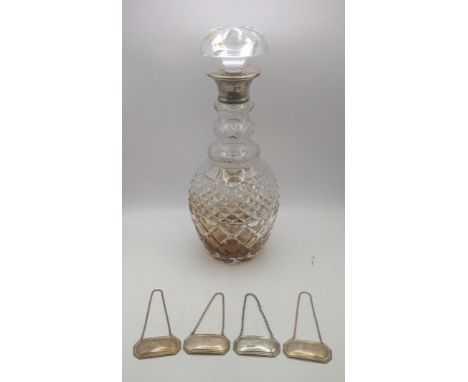 A mixed lot to include a group of four silver decanter labels to include two 'Sherry' labels, 'Whiskey' and 'Brandy' along wi