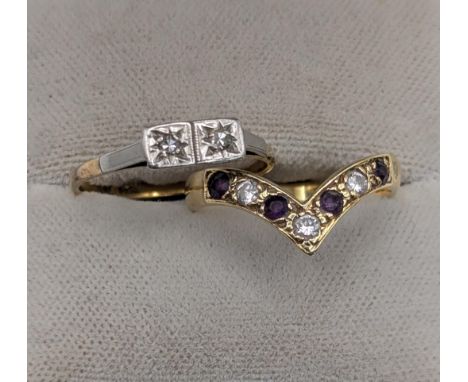 Two ladies rings to include an 18ct yellow gold amethyst and diamond wishbone ring size N 1/2, together with a two-stone diam