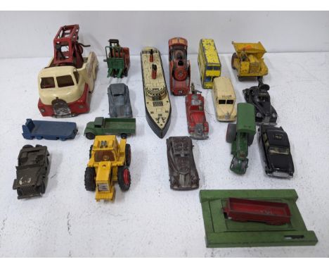 Diecast model vehicles to include a Kembo Police car, Crescent, Dinky, Mimie and a tinplate fire engine and boat and trainLoc