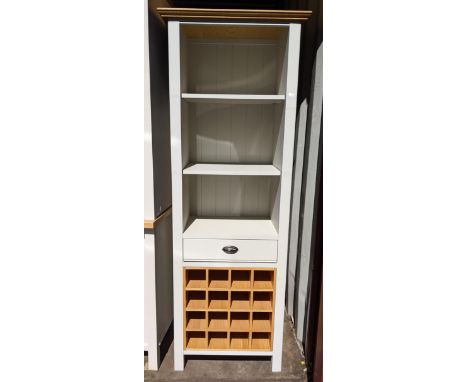 A modern kitchen narrow open shelving unit with a single drawer and wine storage below 180.5cm h x 66cm w Location:If there i