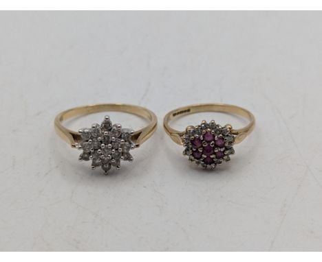 Two 9ct gold ladies cluster rings, one example set with amethyst surrounded by diamonds and the other set with diamonds, tota