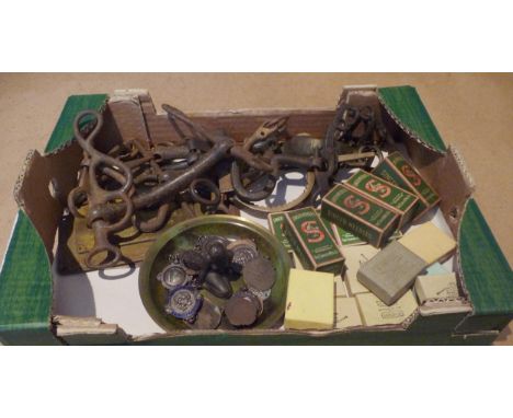Interesting box of metalware that includes antique horse bits-an art deco Danish bronze mermaid dish-23 bronze cycling medals