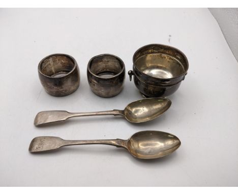 A collection of silver items to include two napkin rings hallmarked Birmingham 1903, a twin handled salt pot hallmarked Birmi