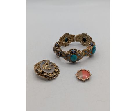 A Chinese filigree 800 silver gilt enamel and cabochon Turquoise bracelet circa 1940s together with a 9ct yellow gold mournin